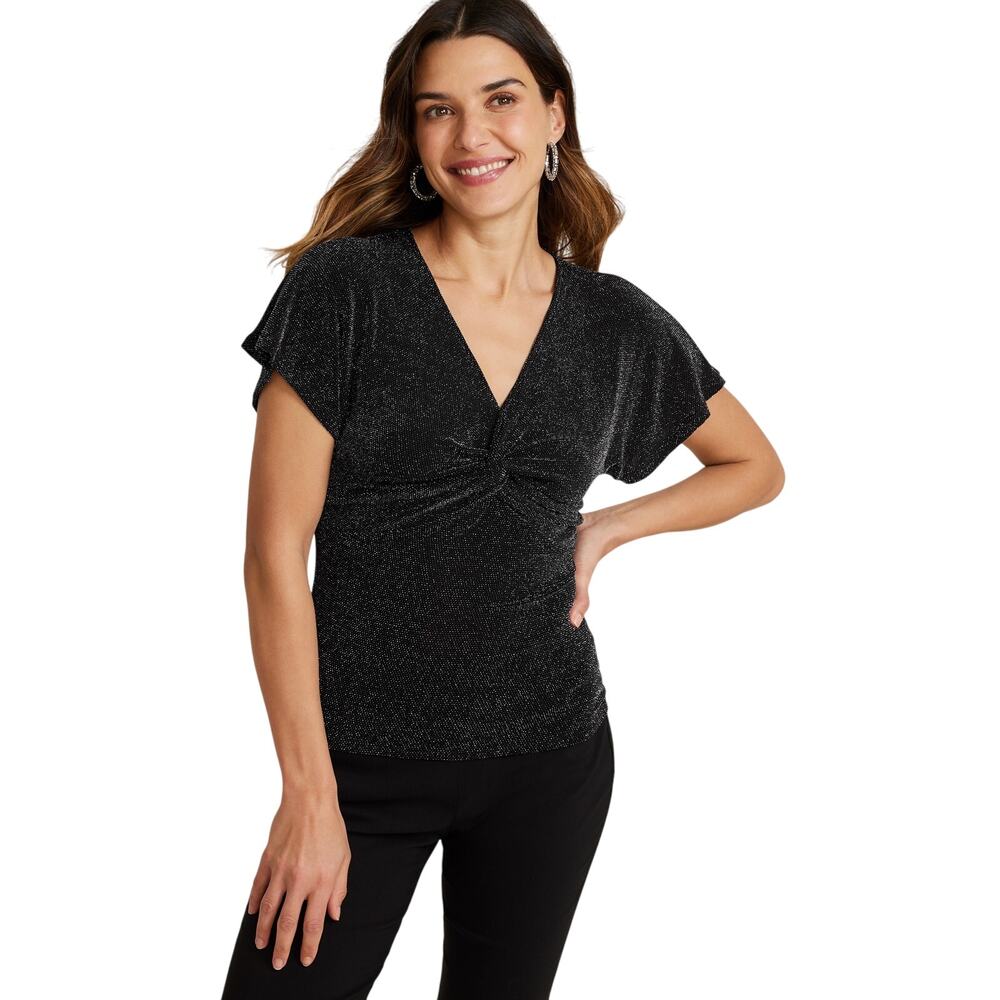 Maurices Shimmer Twist Front Blouse with Belt Holiday Glitter Top NWT V Neck